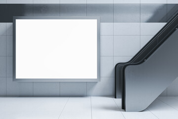 Modern underground interior with escalator and empty white billboard. Commercial advertisement concept. Mock up, 3D Rendering.