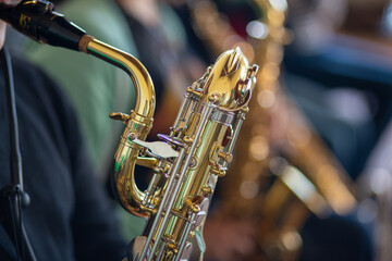 details of musical instruments trumpet guitar saxophone jazz complex