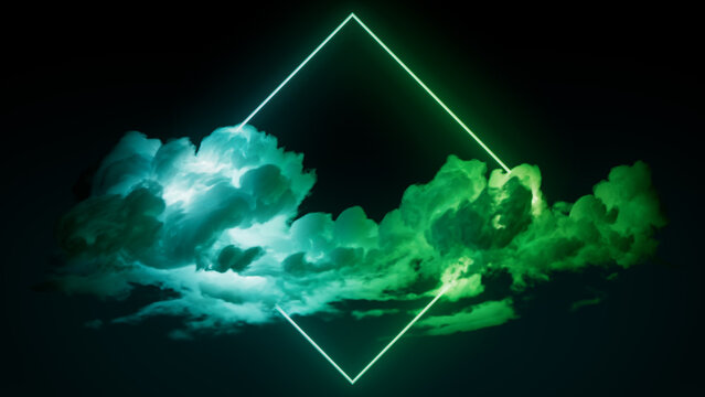 Green and Turquoise Neon Light with Cloud Formation. Diamond shaped Fluorescent Frame in Dark Environment.