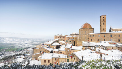 A view of Volterra town after a snowfall. Tuscany