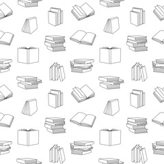 Closed and open books outline pattern. Books line background. Bookstore, library line symbols. Literature, dictionaries, planners pattern.