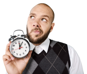 Creative funny pensive businessman with alarm clock with concept strategy