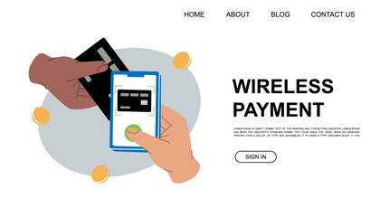 Wireless NFC payment website template. Card scanning for mobile banking payment. Mobile banking app illustration for landing page, advertising page.