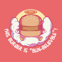Burger character is seated on a cloud with a halo on top vector illustration. Food, funny design concept.
