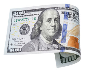 One hundred dollar bill isolated on transparent background