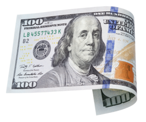 One hundred dollar bill isolated on transparent background