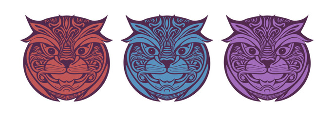 Vector set of stylistic big-eyed menacing cats. Colored heads or portraits of pusses. Feline stickers, emblems or icons. Isolated background.