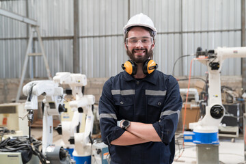 Male engineer working in automatic welding robotic arm factory. Male technician worker at work in...
