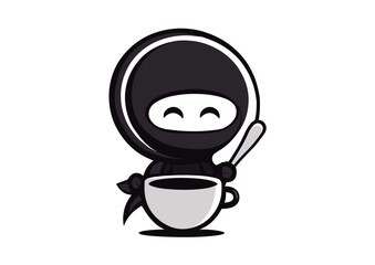 Ninja character smiling  with a cup and spoon in his hand