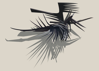 Decorative wallpaper poster mural of an abstract surreal illustration of an ancient scary dragon-like bird-ish black creature on beige background with shadow