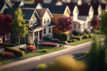 Fototapeta Bokeh-ing the Unreal: Cinematic Suburban Neighborhood with Ultra-Wide Angle, Hyper-Detailed Landscapes, and Beautifully Color-Graded Homes , Generative ai obraz