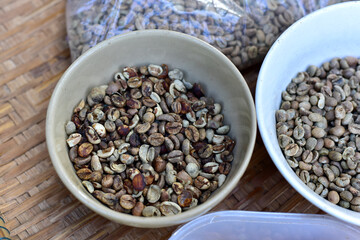 Low quality raw coffee beans. Coffee bean with defect, low grade.