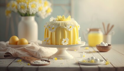 Schön dekorierter Osterkuchen in gelb und weiß mit verschwommener Blumenvase und Ostereier im Hintergrund, Generative AI 