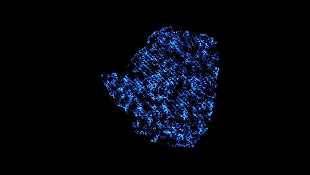 A map of the Zimbabwe country consisting of stars of shimmering blue particles on a black background.