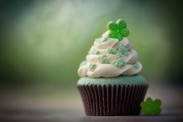 Plakat green cupcake with shamrock decoration, saint patrick's day, generative AI