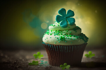 Fototapeta na wymiar green cupcake with shamrock decoration, saint patrick's day, generative AI