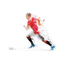 Football player low poly illustration. Soccer striker running with ball, isolated geometric vector drawing. Team sport athlete