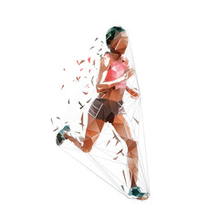 Running woman, side view. Abstract low poly isolated vector illustration. Geometric female marathon runner from triangles