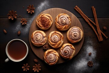Fototapeta na wymiar Almond filled cinnamon buns are on the table. vertical top view. Generative AI