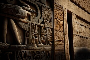 Ancient Egyptian temple's external walls have engravings in the form of hieroglyphs. Generative AI
