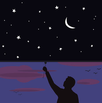 Illustration cartoon hand drawing person closing the curtain of night sunset crescent moon stars closing down as a curtain on cloudy skies good night