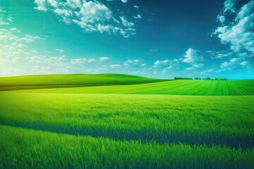 Fototapeta na wymiar Panorama of green field and blue sky, grass in spring background, agricultural cereal crop. Generative AI