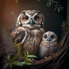 Owl and Baby Owl. Generative AI