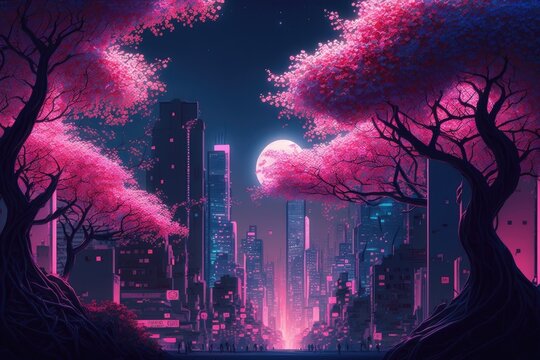 Neon lit futuristic city with surreal sakura trees. Background of a contemporary dream cityscape in Japan. Generative AI