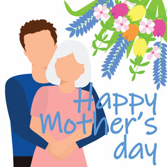 Happy Mother's Day card. Mom and son. An old woman with a boy are hugging. Vector illustration