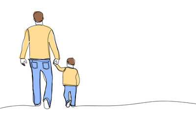 Father and son back. Line art with color, one line continuous, outline. Vector illustration