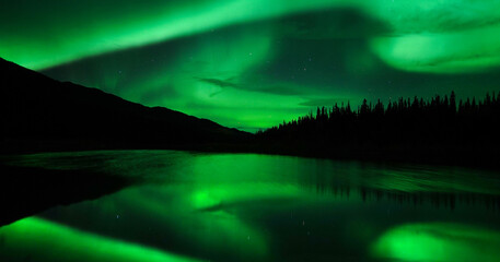 Northern lights over a lake and forest