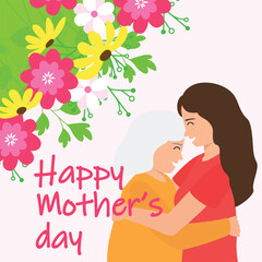 Card for Mother's day. Mom and daughter are hugging. Vector illustration