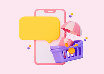 Parachute with a basket. Online Delivery Tracking on mobile phone. 