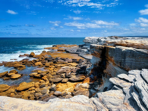 Spectacular cliffs and ocean views on the scenic Cape Baily track in Kamay Botany Bay National Park in South Sydney from Cape Solander to Kurnell in Australia.