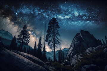 Mountain landscape showing pine trees against a night sky shot of the universe filled with stars. Generative AI
