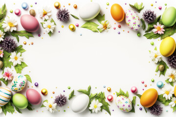 Naklejka na ściany i meble Easter colourful frame with Easter eggs and spring flowers on white background. Easter greeting card with copy space. AI generative.