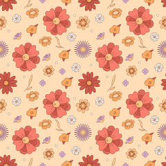 Retro floral decoration seamless pattern background. Fully editable 2D flat color illustration. Trendy cartoon vector graphics. Creative backdrop image for textile, fabric, wallpaper design
