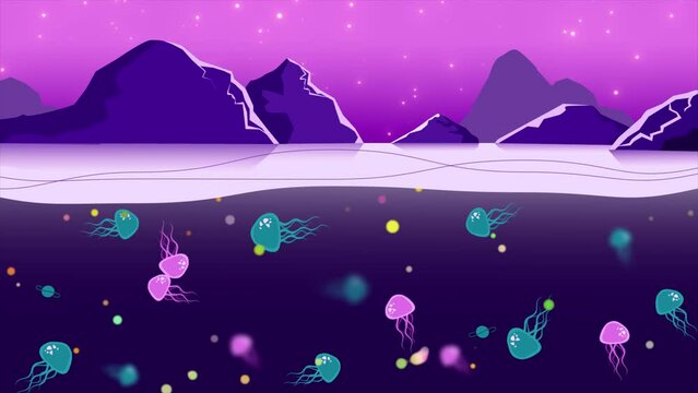 Underwater Fantastic Dream World with Jellyfish Animation. Digital Art.  Abstract Futuristic Background. 4K