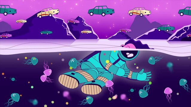 Astronaut Swims Underwater among Jellyfish in a Fantastic Dream World Animation. Digital Art.  Abstract Futuristic Background. 4K