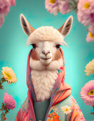 Creative animal Spring concept, domestic animal dressed in spring costume and fresh field flowers. Portrait of a llama on a pastel background. Illustration, Generative AI.