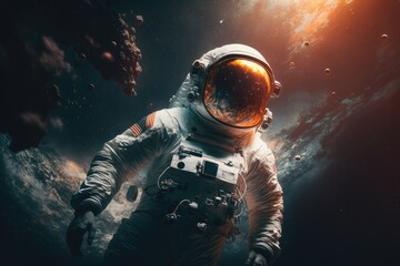 Fototapeta premium Astronaut in outer space. Spaceman with starry and galactic background Generative AI