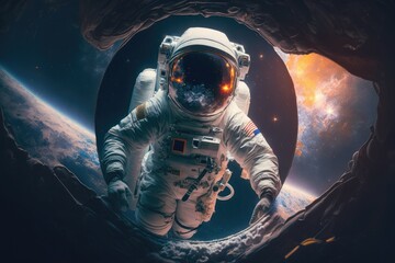 Obraz na płótnie Canvas Astronaut in outer space. Spaceman with starry and galactic background Generative AI
