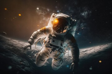 Fototapeta premium Astronaut in outer space. Spaceman with starry and galactic background Generative AI