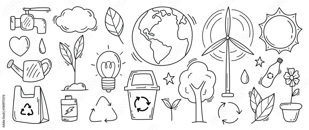 Wall mural Happy Earth day concept, 22 April, element vector set. Save the earth, globe, recycle symbol in simple drawing doodle style. Eco friendly minimal design for web, banner, campaign, social media post.