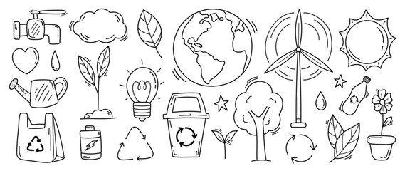 Happy Earth day concept, 22 April, element vector set. Save the earth, globe, recycle symbol in simple drawing doodle style. Eco friendly minimal design for web, banner, campaign, social media post. © TWINS DESIGN STUDIO