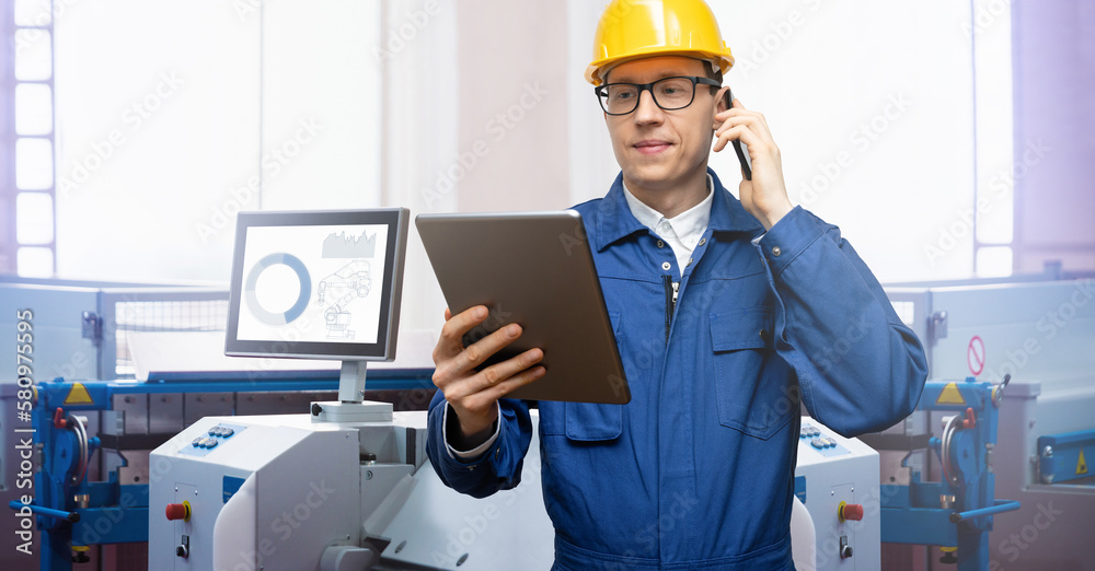 Poster Engineer uses a digital tablet to control robots in a smart factory. Smart industry 4.0 concept
