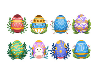 Illustration a collection of Easter eggs in various colors and patterns, each with their own unique motif. Perfect for Easter-themed projects, decorations, postcard, or greeting cards.