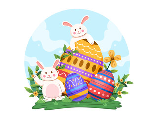 An Easter Day illustration featuring a vibrant collection of decorated eggs, surrounded by adorable bunnies and blooming spring flowers.
Suitable for greeting card, postcard, personal project, web