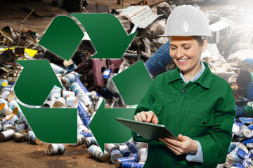 Woman with a digital tablet at a waste recycling plant. Waste management concept