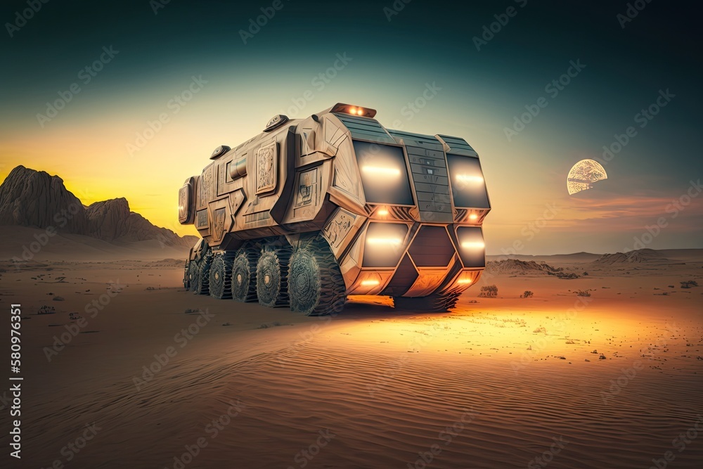 Canvas Prints futuristic cargo truck of future with illuminated headlights drives through desert, created with generative ai